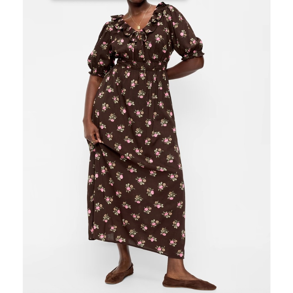 Old Navy Ruffle Collar Boho Maxi Dress Womens XXL Brown Floral Prairie Cottage